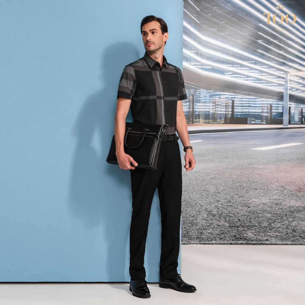 Áo sơ mi ngắn tay TQQ dáng slimfit K428CSC kẻ đen chất liệu cao cấp thoáng mát mềm mịn