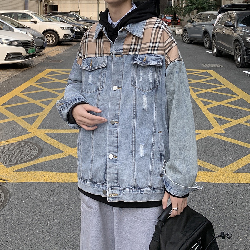 Áo khoác jean denim nam nữ unisex form rộng vai phối caro, áo khoát jacket jean nam nữ phong cách Hàn Quốc 2022