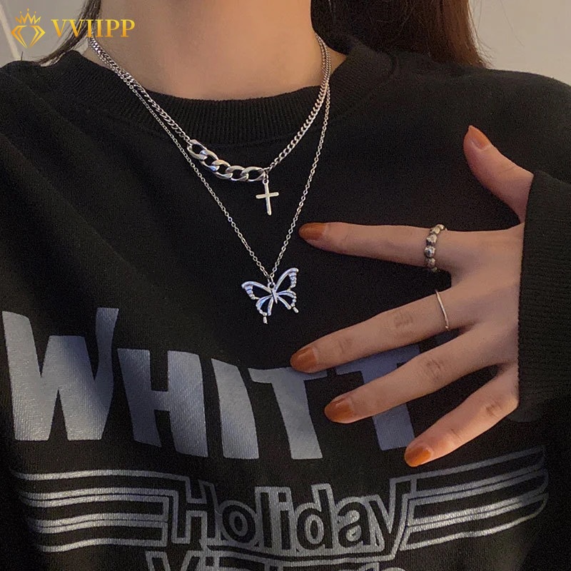Dây Chuyền Mặt Hình Bướm/Thánh Giá Màu Bạc Phong Cách Hàn Quốc Thời Trang Cho Bạn Nữ