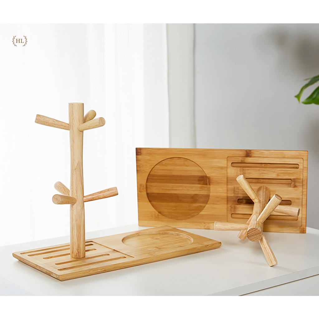 Giá treo úp cốc gỗ cao cấp Home Luxury Decor | GIÁ ÚP LY NGƯỢC CHẤT LIỆU GỖ TRE CAO CẤP KÈM KHAY TRE