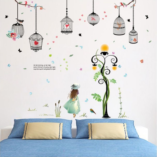 COMBO 3 DECAL GHÉP ĐÔI DÁN TƯỜNG - DÂY LỒNG CHIM KẾT HỢP CẶP NAI ĐEN VÀ BÉ GÁI ĐÁNG YÊU ( 3 TẤM )