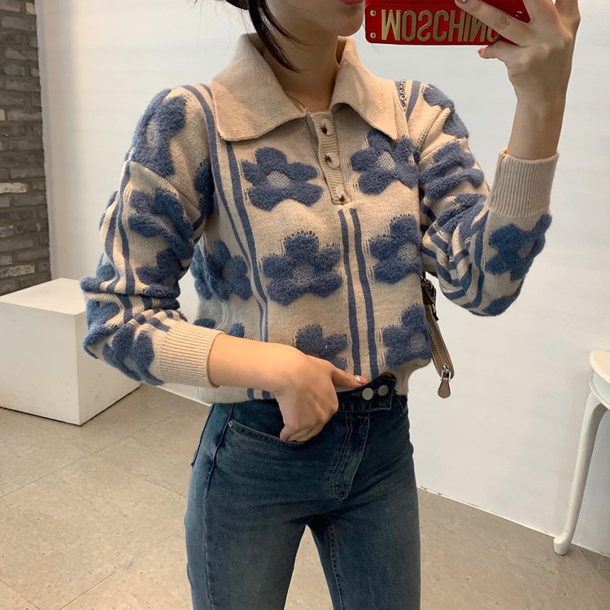 Áo sweater dệt kim tay dài in hoa ba chiều phong cách Pháp cổ điển