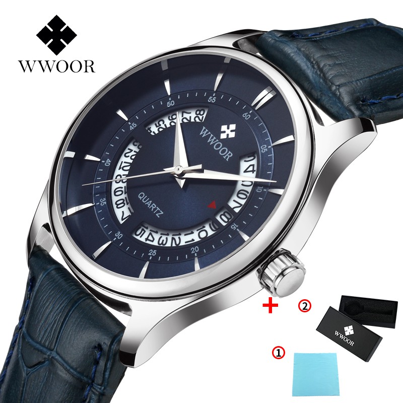 WWOOR Men's Sports Watches Waterproof Genuine Quartz Leather Strap Fashionable Stainless Steel - 8863