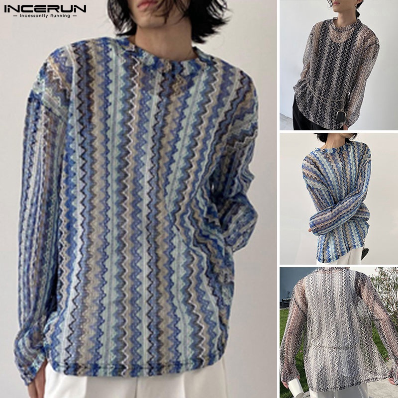 Áo dài tay INCERUN trong suốt kẻ sọc phối khóa kéo kiểu vintage thời trang mùa hè cho nam