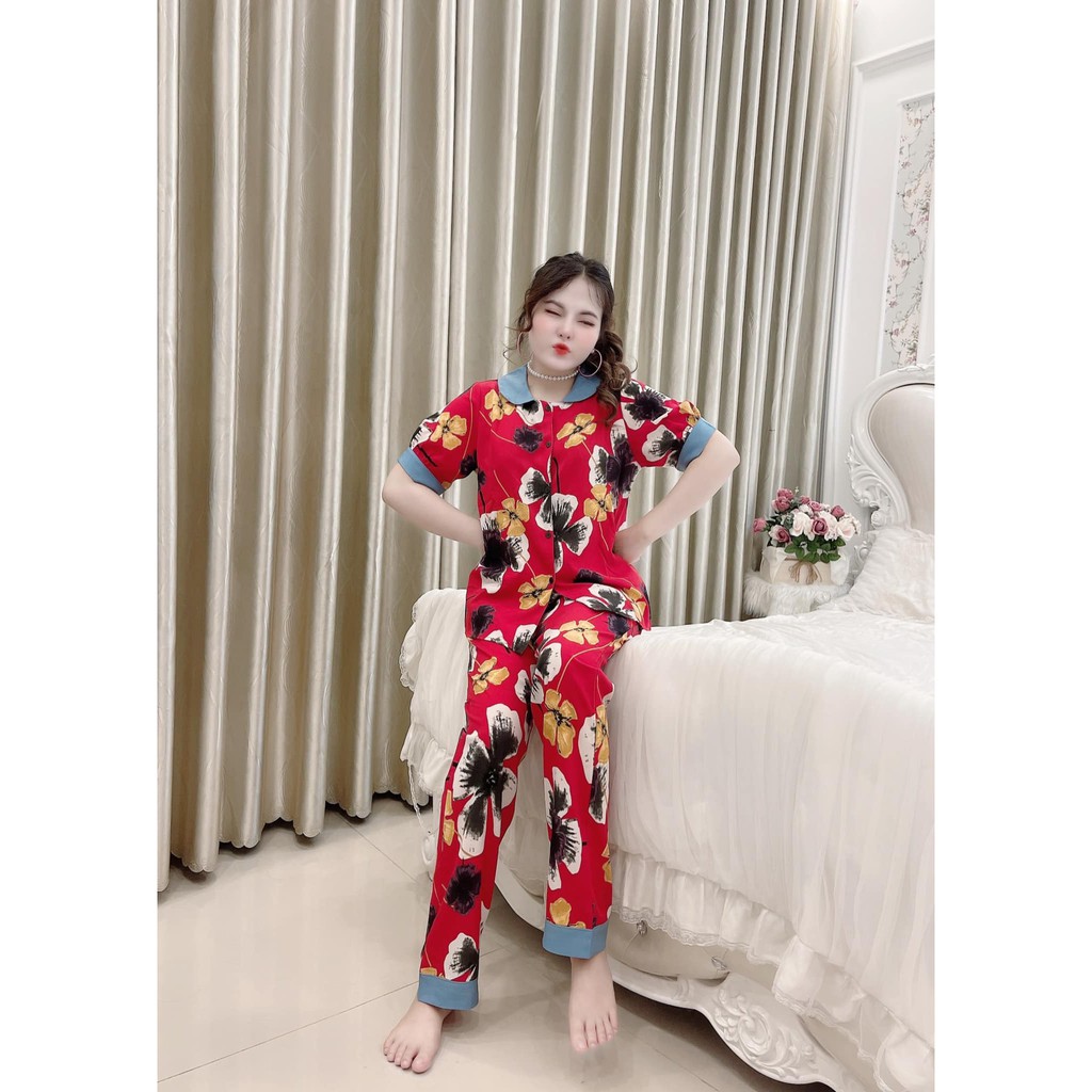 Bộ mặc nhà nữ Lụa Mango áo cổ sen, quần dài, họa tiết đẹp
