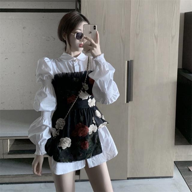 French minority bubble sleeve dress women's autumn two-piece suit temperament close waist thin white shirt A-line skirt