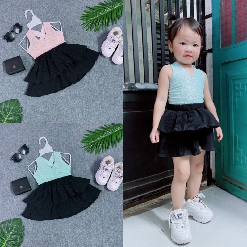 Set Áo Thun Kim Tuyến Phối Chân Váy Dập Ly 2 Tầng Điệu Đà