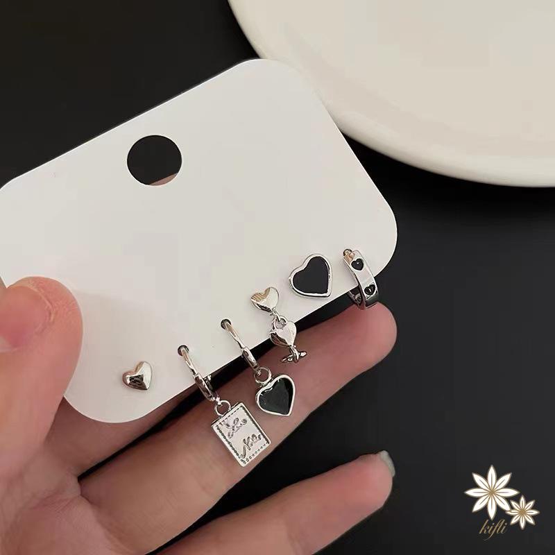 Set 6 Khuyên Tai Tua Rua Hình Trái Tim Màu Đen Phong Cách Hàn Quốc Cho Nữ