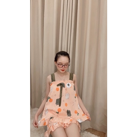 [ Ảnh Thật ] Bộ Ngủ Hai Dây Lụa Satin Hình Cute