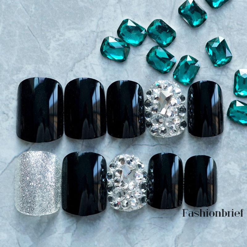 Bộ 24 móng tay giả che toàn móng màu đen trơn đính kim cương giả lấp lánh 3D có thể tháo rời trang trí cho cô dâu