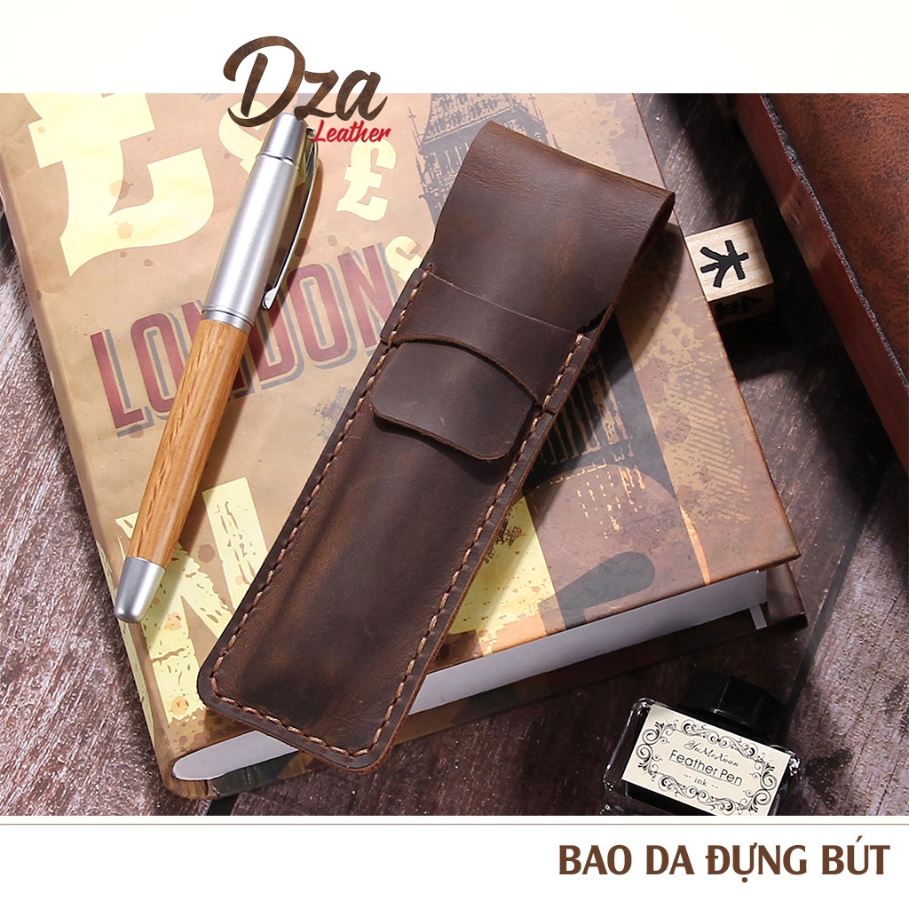 Bao da đựng bút cao cấp da bò sáp Dza leather kiểu dáng hiện đại, phong cách vintage
