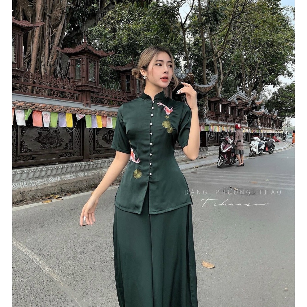 Đồ Lam Nữ Đi Chùa - Thêu Cá Ngọc Vải Lụa Cao Cấp Trang Nhã Kín Đáo_ CG04