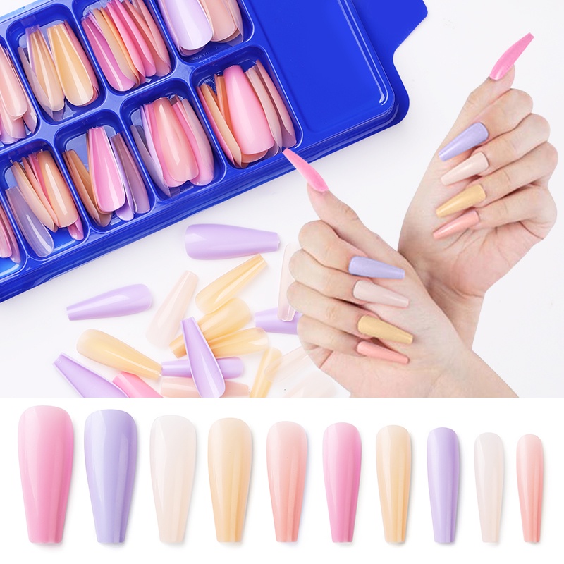 Bộ 100 móng tay giả UR SUGAR phủ toàn diện màu vàng/ xanh lá neon dáng coffin