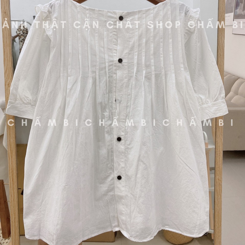 [SALE] Áo Sơ Mi Trắng Cổ Tròn Dáng Babydoll Cộc Tay Hàng Cúc Đen Sau Cực Xinh - A.192