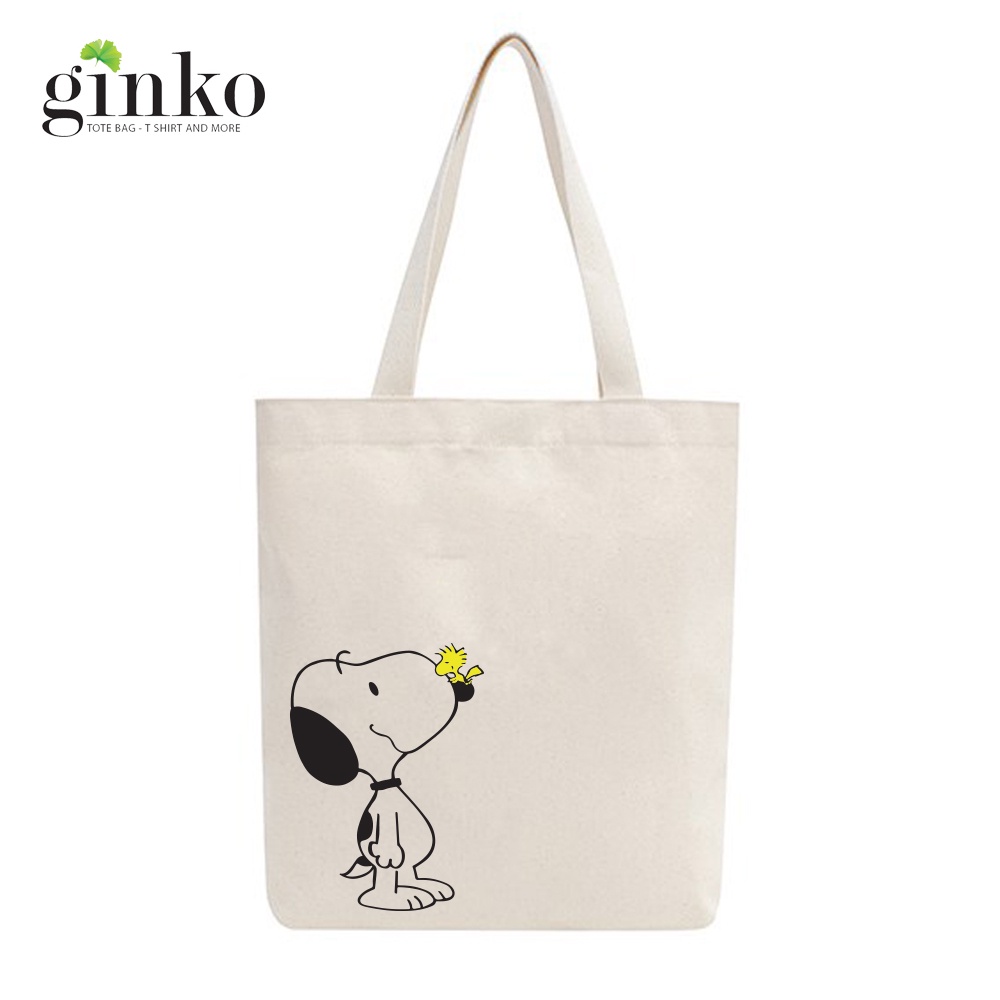 Túi tote vải mộc GINKO có dây kéo khóa ( có túi con bên trong) in hình Snoopy and Friends M106