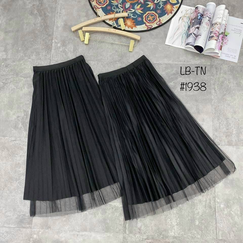 #1938  Chân váy xòe xếp ly chất vải sạn phối voan mặc 2 mặt -chân váy lưới