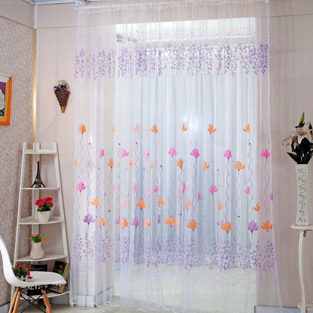 Rèm cửa bằng vải voan họa tiết hoa sen thiết kế tao nhã kích thước 1x2m