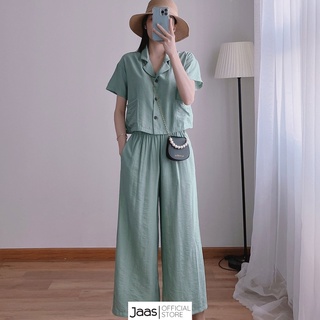 JAAS Set bộ nữ áo cổ vest ngắn tay quần dài ống rộng lưng thun chất lụa cao cấp