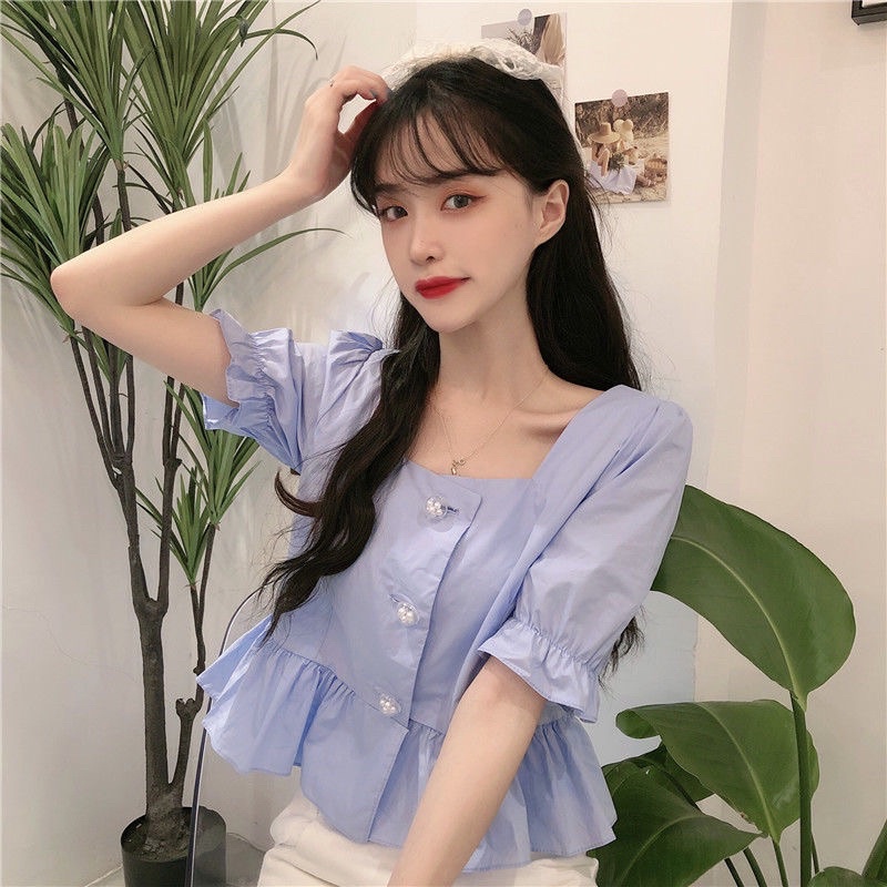 Áo Kiểu Tay Phồng Cổ Vuông Phong Cách Hàn Quốc Cho Nữ