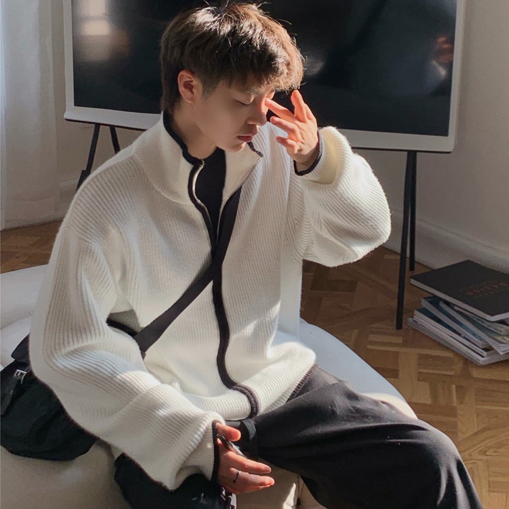 Áo khoác Cardigan dệt kim dáng rộng thời trang xuân thu cho nam giới