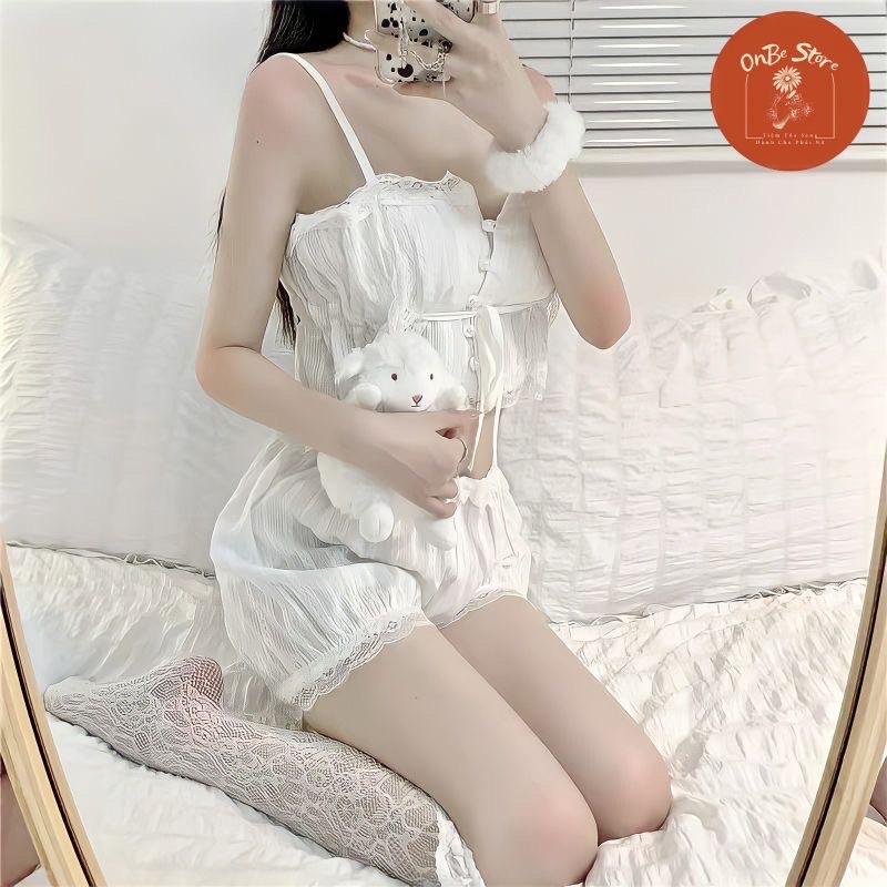 SET Đồ Ngủ Sexy 2 Dây Vải Đũi Mỏng Thoáng Mát Gợi Cảm