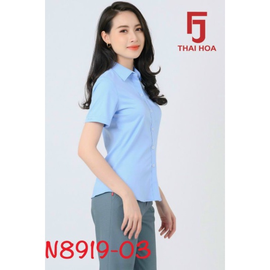 Áo Thái Hòa vải sợi tre co giãn nhẹ màu xanh thiên thanh 8919 047