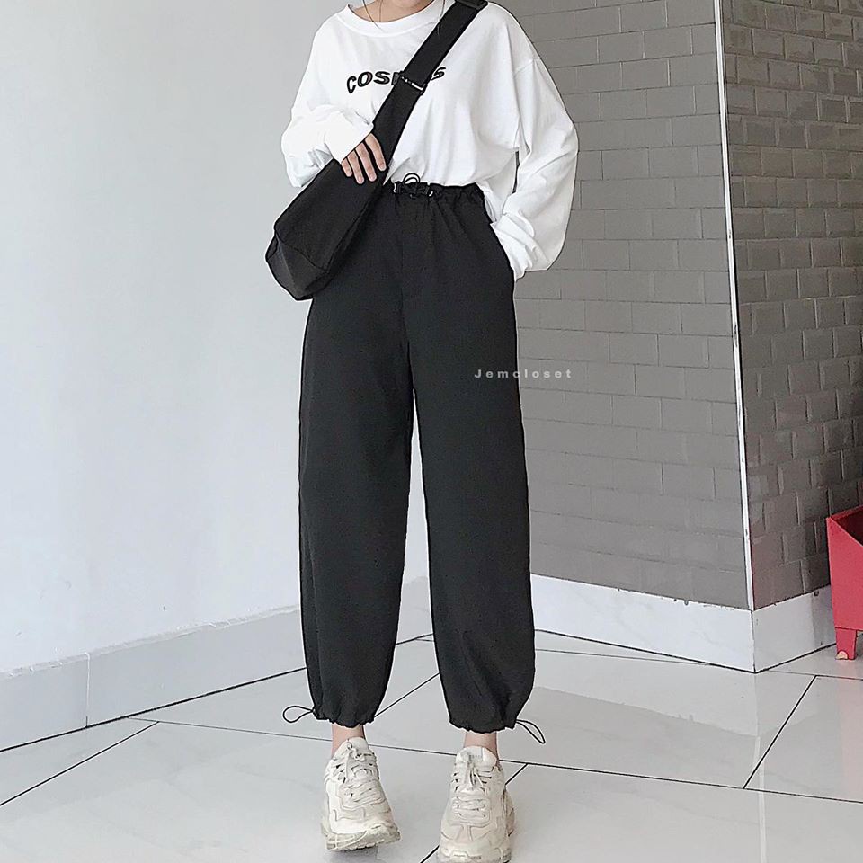 SQ009 - Bộ áo thun dài tay rách Cosmos form rộng và quần Jorgger đen gấu bo unisex, bộ áo phông trắng oversize quần dài
