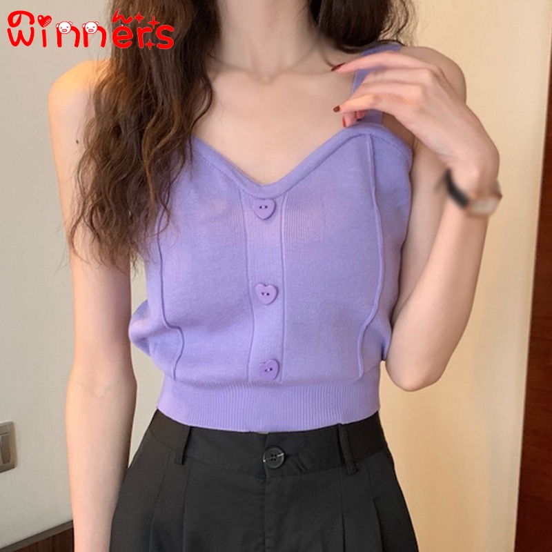 Áo Hai Dây Dệt Kim Họa Tiết Trái Tim Thời Trang Mùa Hè Cho Nữ