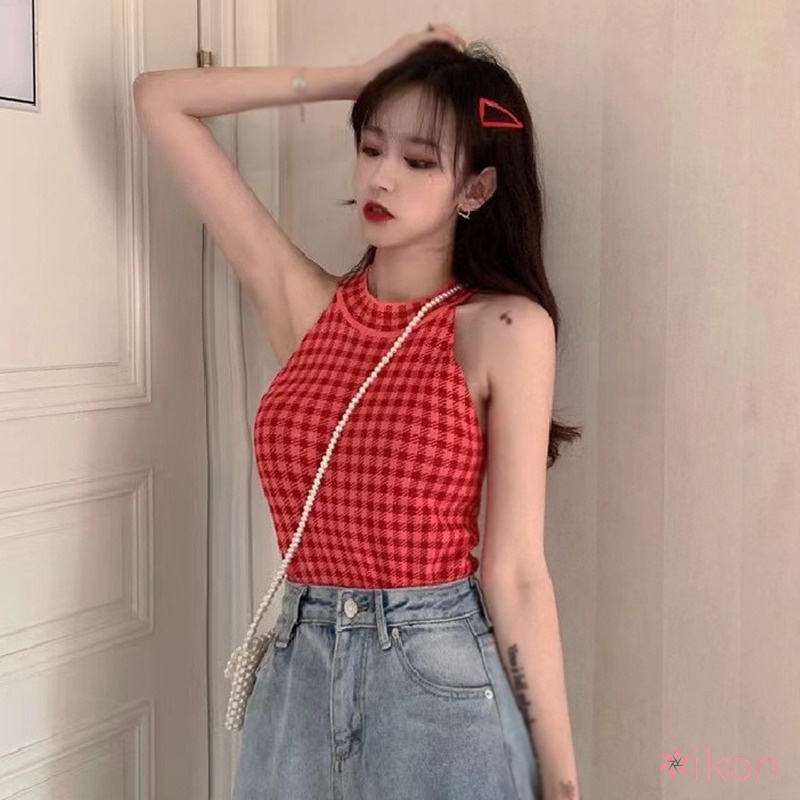 Áo Hai Dây Cổ Yếm Dáng Ôm Sọc Ca Rô Thời Trang Xinh Xắn Cho Nữ