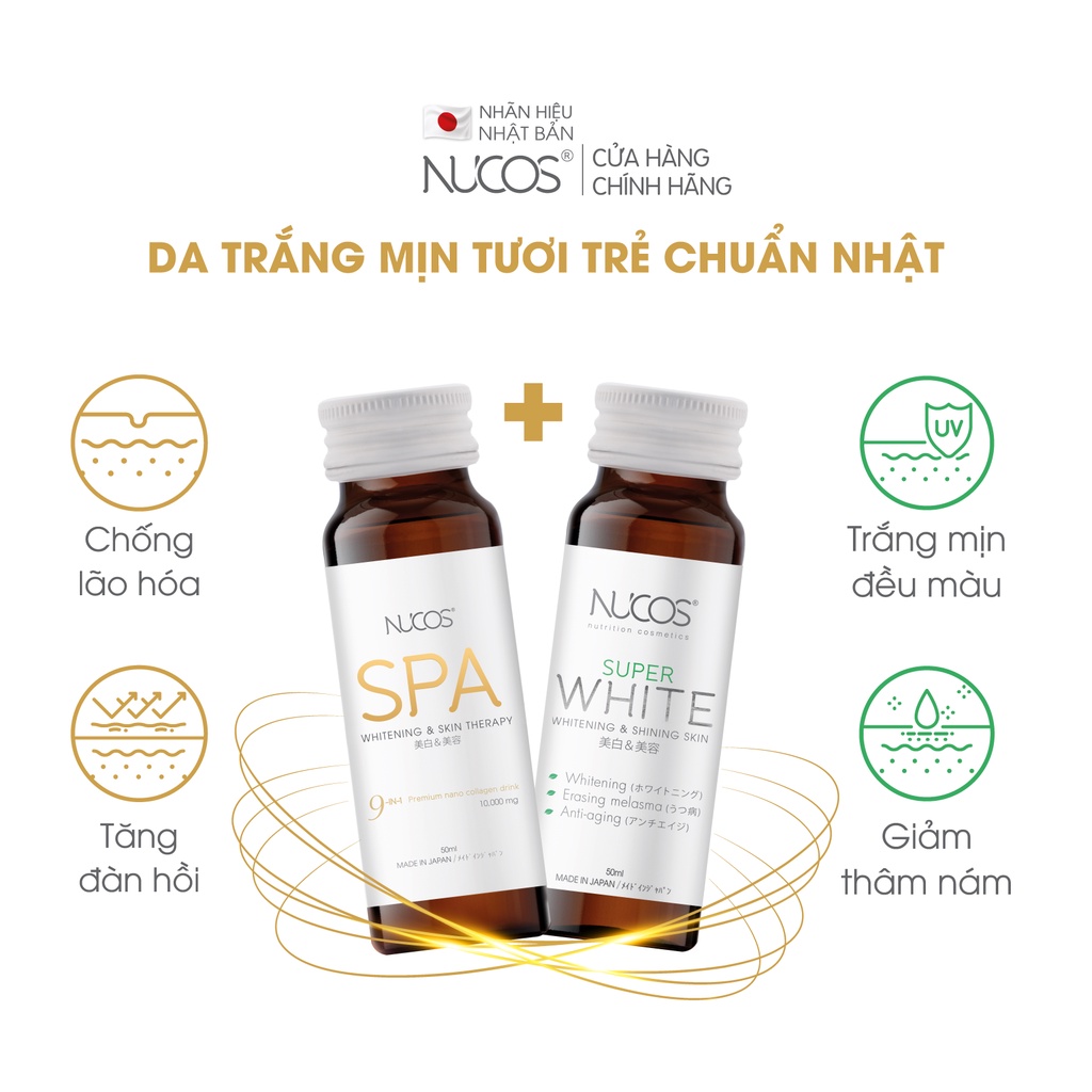 Combo nước uống collagen căng bóng trắng da mờ thâm nám Nucos Spa 10.000 và Nucos Super White 3 hộp x 10 chai