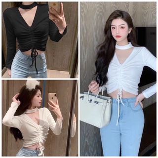 Áo kiểu croptop tay dài cổ tim phối lọ chít dây