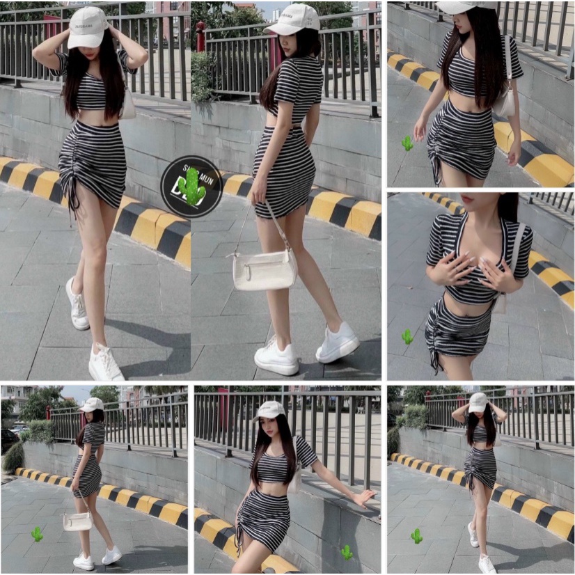 Áo thun tay ngắn croptop phối chân váy rút dây 1 bên may kèm lót phong cách cực cá tính năng động PC