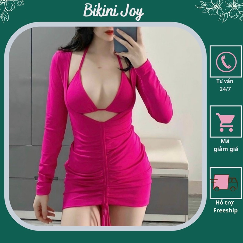 Set bikini 2 mảnh kèm khoác tay dài xẻ ngực nhiều màu