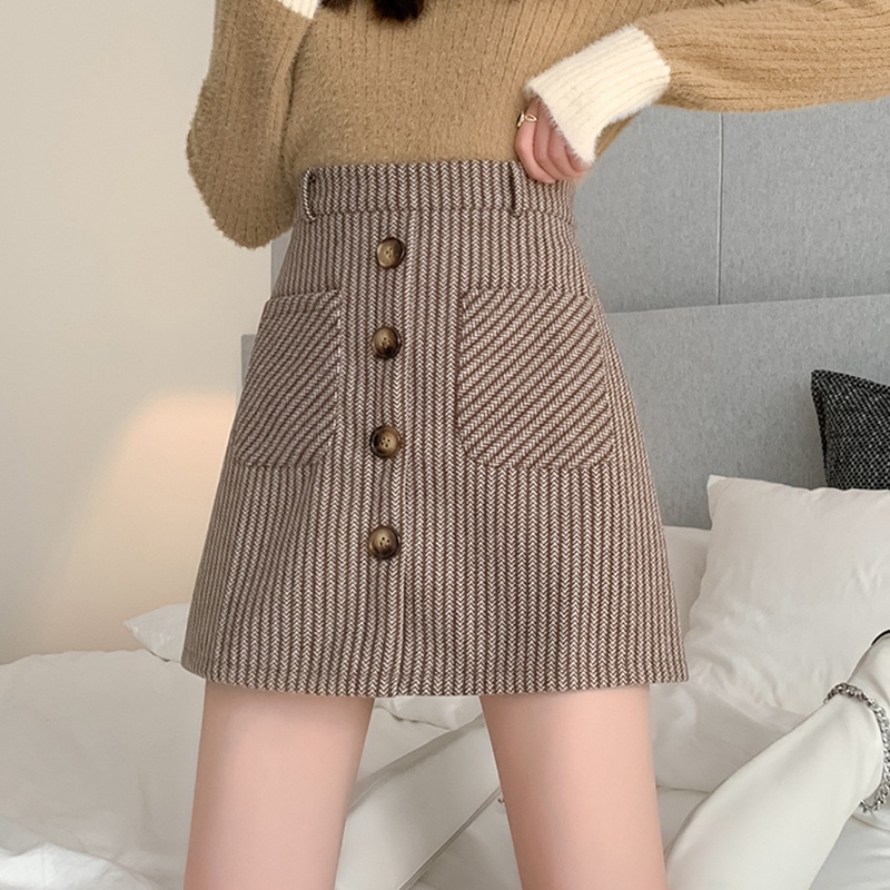 IELGY   Chân Váy Len Chữ A Lưng Cao Phối Túi Phong Cách retro Cho Nữ