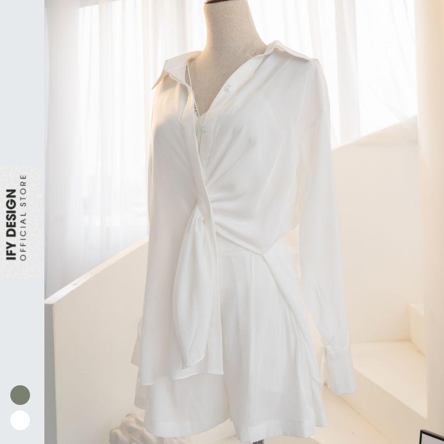 Set sơ mi lụa nữ , quần short xếp ly 4 màu thương hiệu IFY Design - AO0119 QU0106