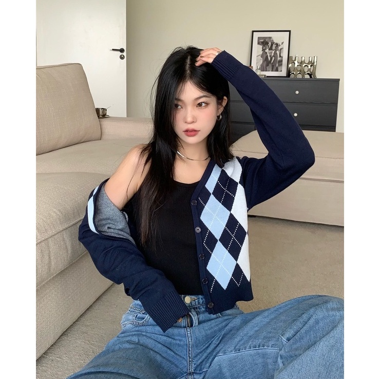 Áo Khoác Cardigan Dệt Kim Cổ Chữ V Tay Dài Họa Tiết Kim Cương Theo Phong Cách Retro Mỹ