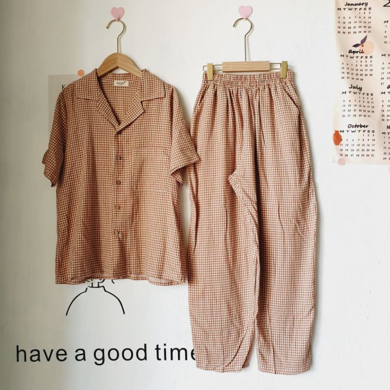 Pyjama mặc nhà dài xô cotton caro mềm mịn