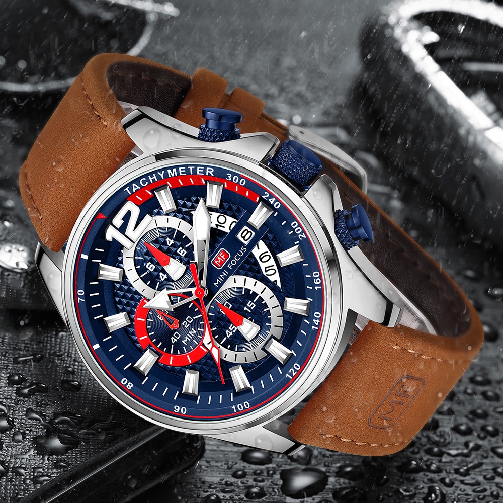 Đồng Hồ Đeo Tay MINIFOCUS Dây Da Nâu Chống Thấm Nước Thời Trang Cho Nam 3 Sub-dial 6