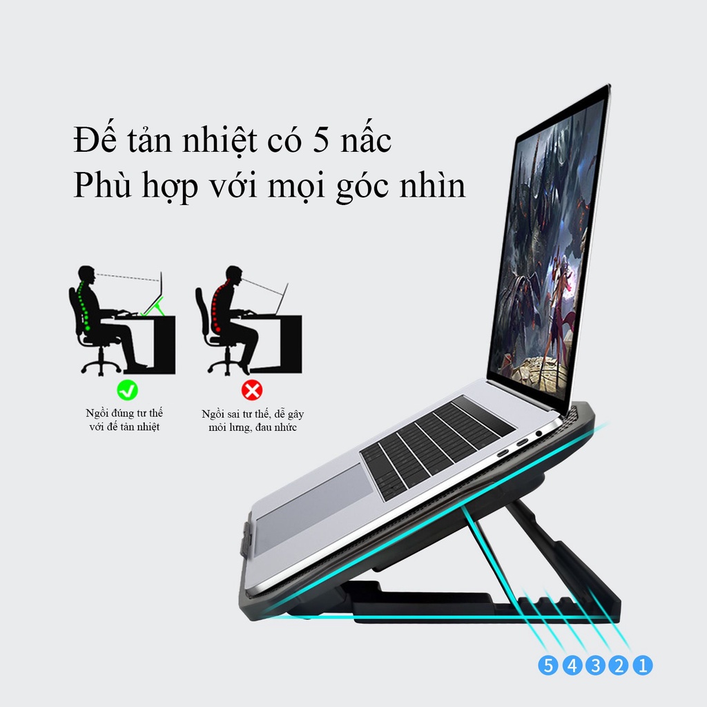 Đế tản nhiệt hỗ trợ chơi game chất lượng cao dành cho laptop, 6 quạt  đèn LED, làm mát nhanh chóng - k1305