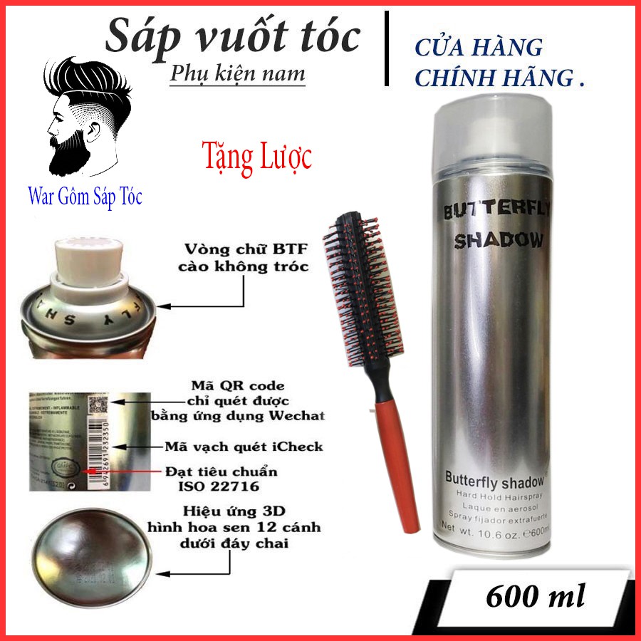 Gôm xịt tóc nam BUTTERFLY SHADOW 600ml giữ nếp siêu cứng giá rẻ tặng kèm lược tròn tạo kiểu