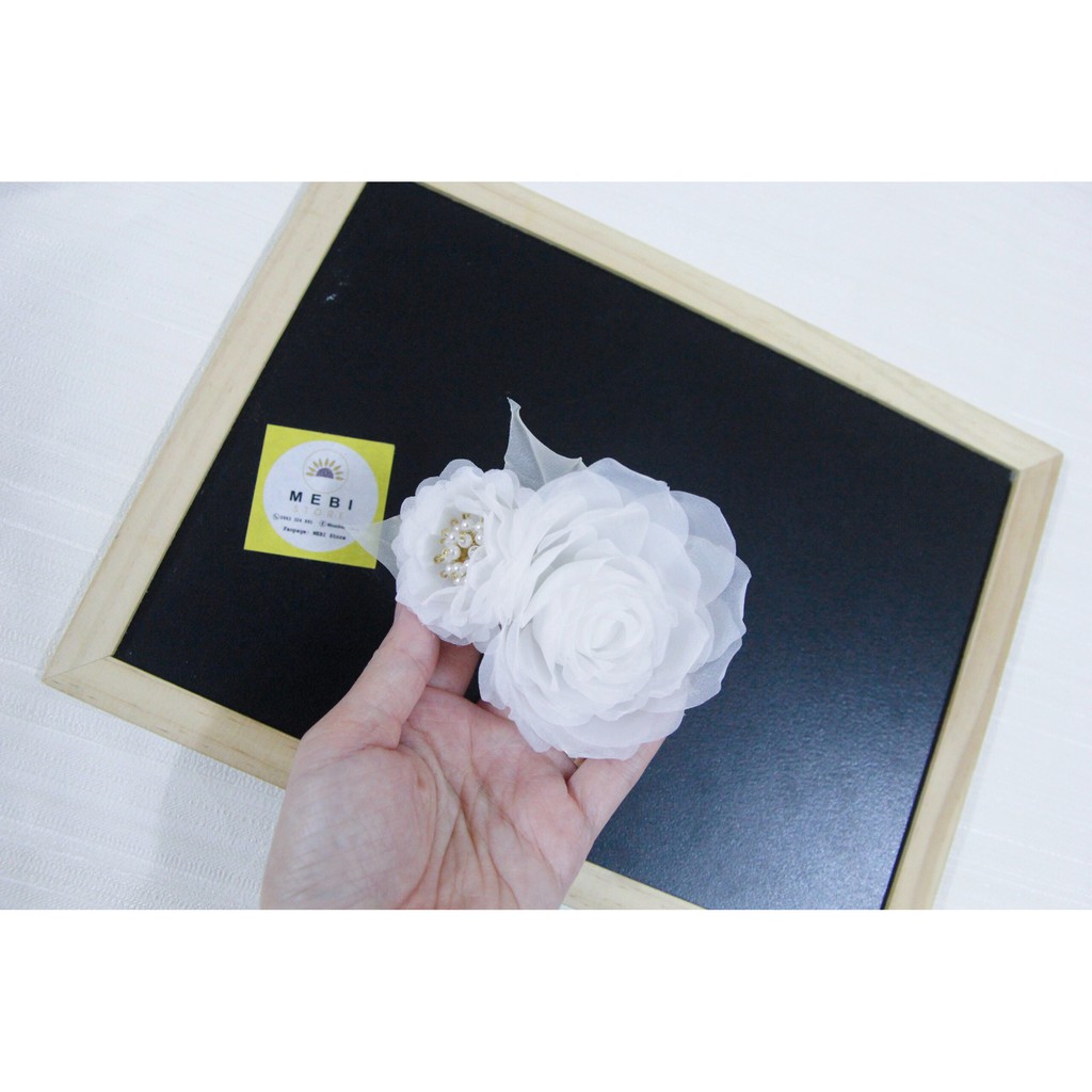 (Ảnh thật) Hoa cài áo handmad mẫu hồng trắng kép nhụy trai siêu sang (hoa to 9cm, nhỏ 4cm)