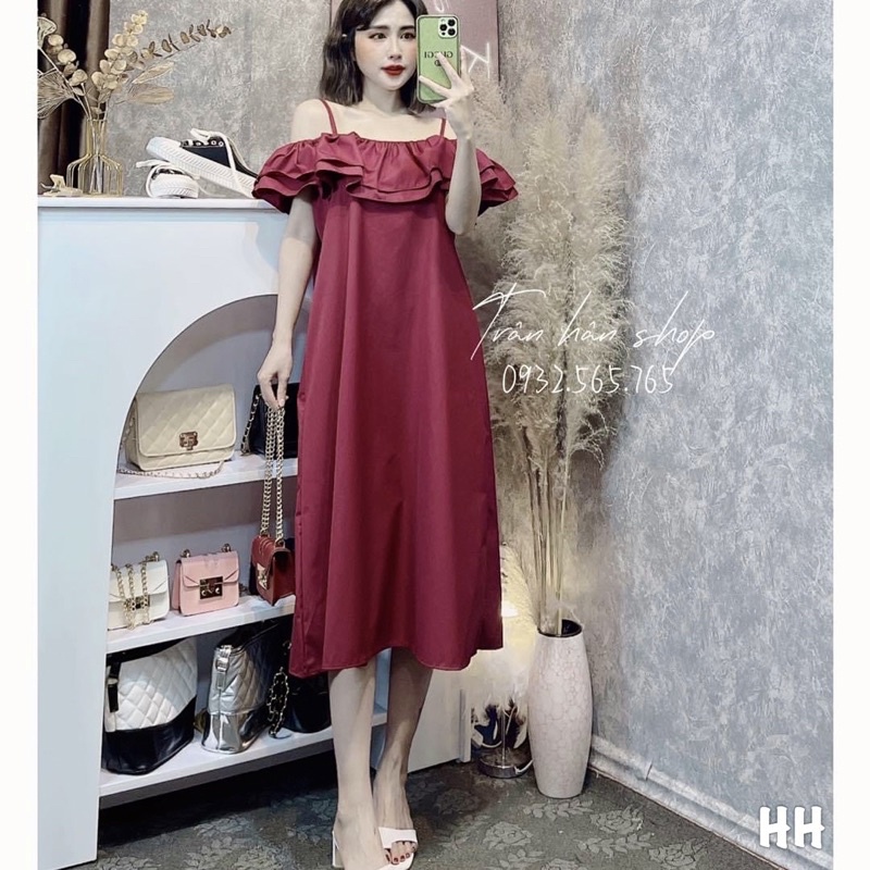 Váy maxi trễ vai 2 dây cánh tiên ngang vai chun bèo dáng dài babydoll suông thụng xoè bệt vai