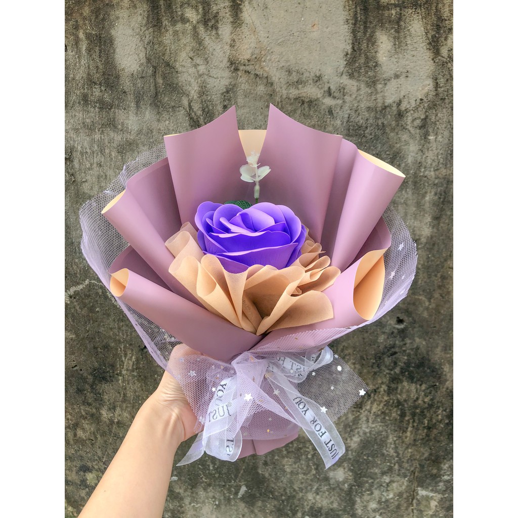 Bó 1 bông hoa hồng sáp 5 lớp to tone tím (Tặng thiệp) - Ảnh thật và video