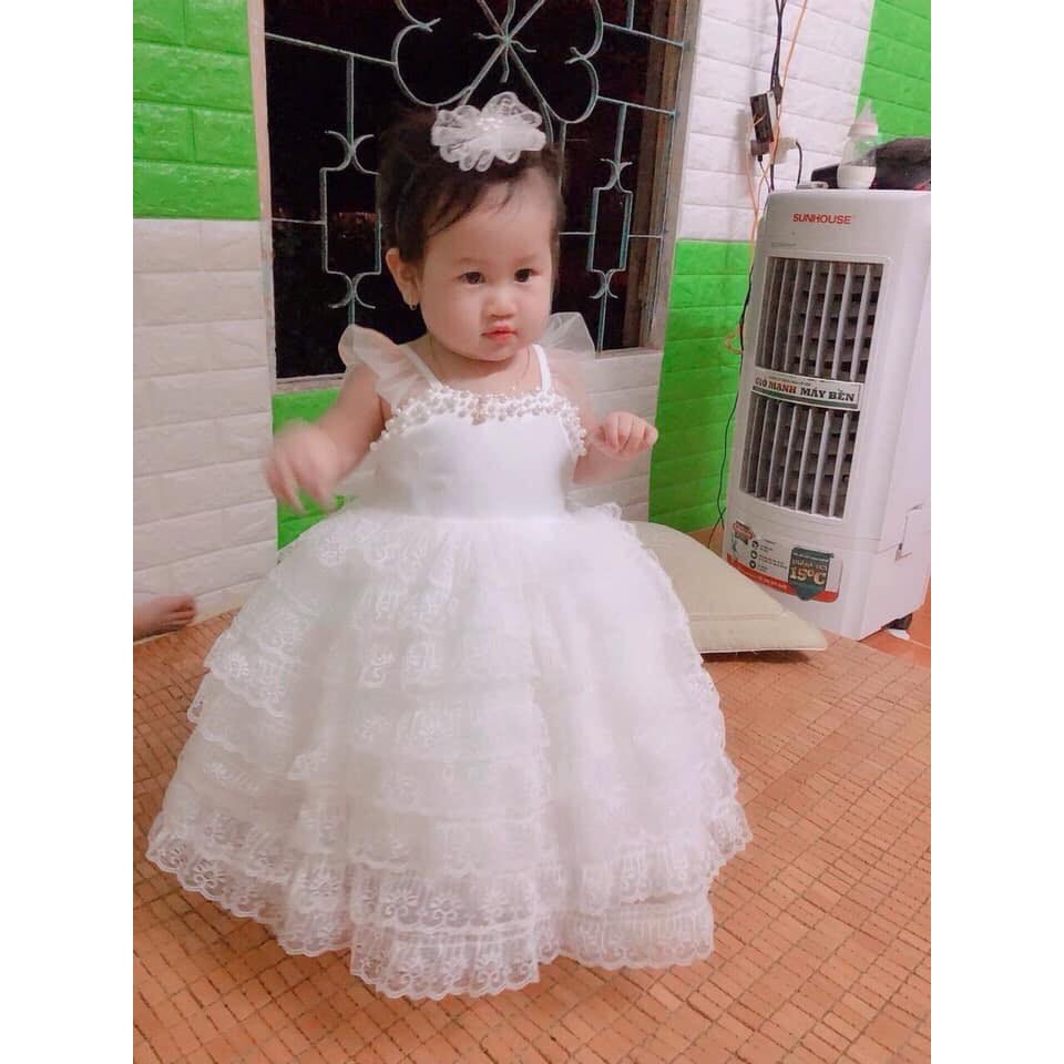 ĐẦM CÔNG CHÚA BÉ GÁI TRẮNG REN TẦNG HẠT CAO CẤP.