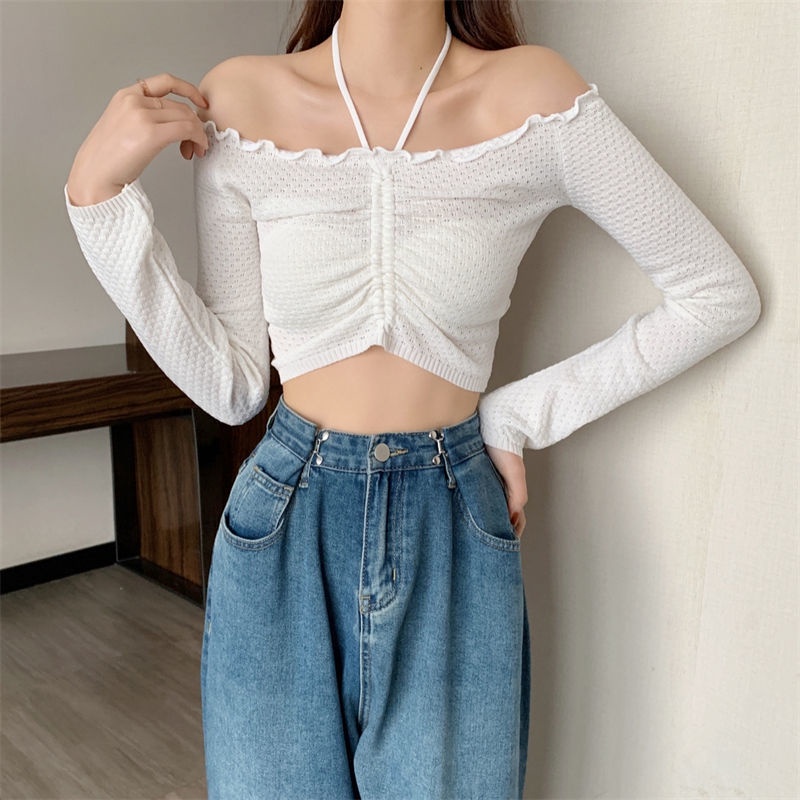 Áo Croptop Trễ Vai Thiết Kế Dây Rút Thời Trang Mùa Xuân Mới Cho Nữ