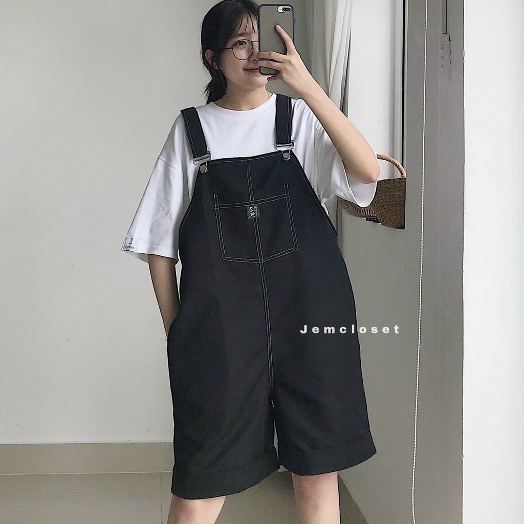 QUẦN YẾM BÒ nữ DÁNG XUÔNG ULZZANG🌸 Yếm kaki đùi lửng form rộng unisex CÓ 2 TÚI TRƯỚC 2 MÀU ĐEN TRẮNG