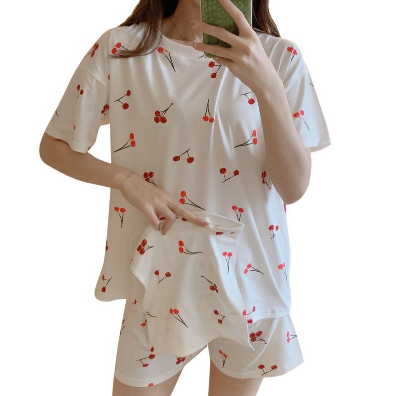 Bộ Đồ Ngủ Vải Lụa Sữa Tay Ngắn Thoáng Mát Đáng Yêu Cho Nữ