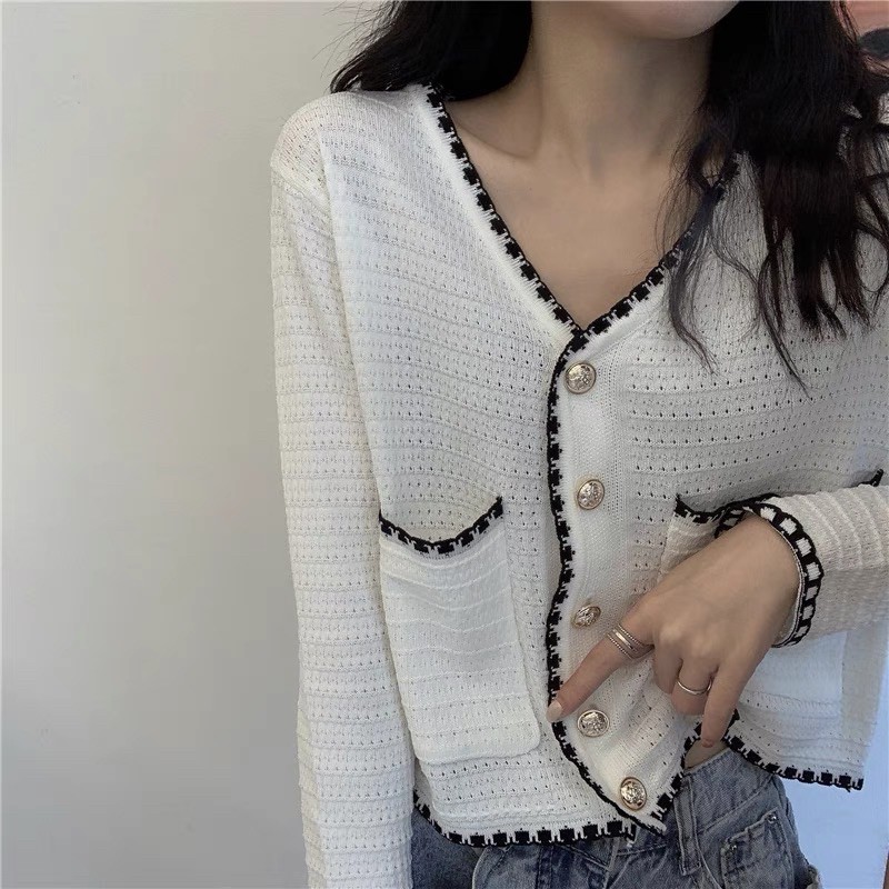 áo len khoác cardigan hàng khuy (cúc) kiểu viền nổi bật mix 2 túi (6563-1#)