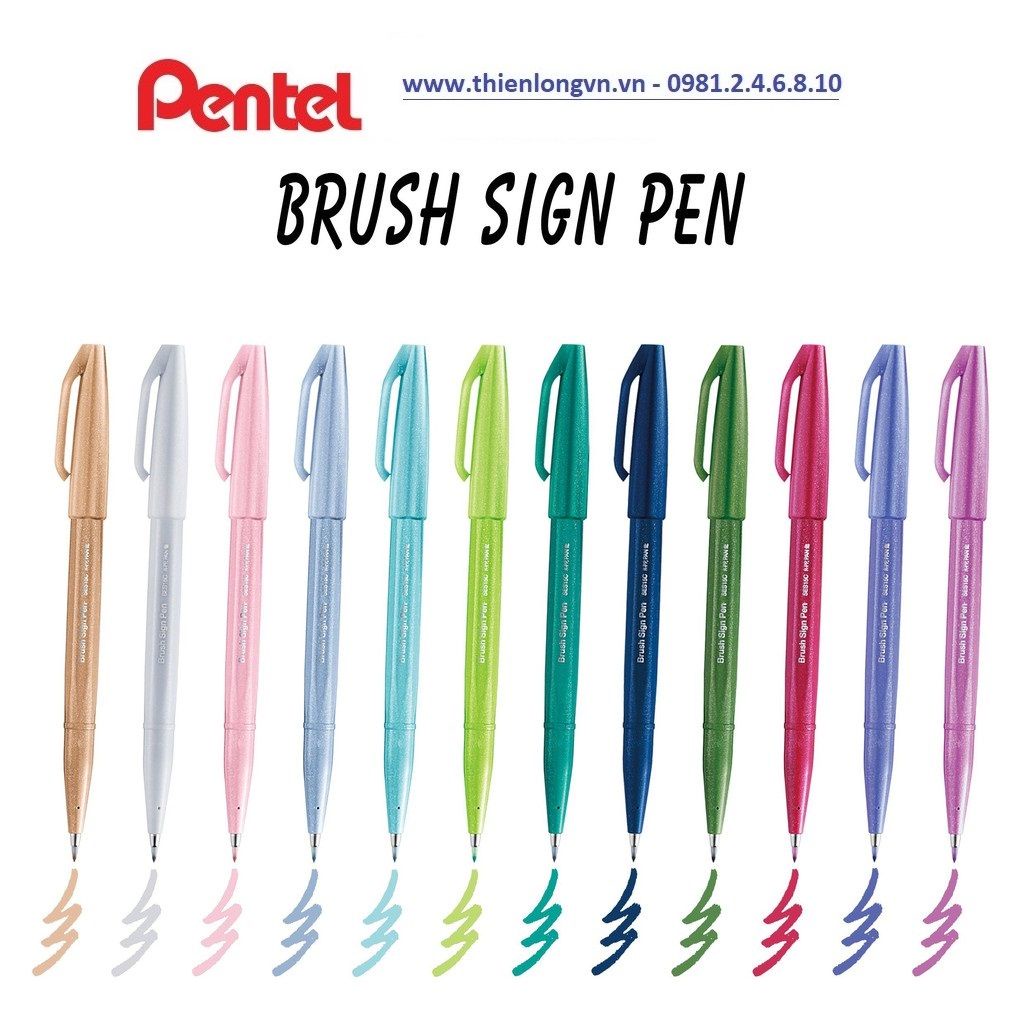 Bộ 12 cây bút lông viết thư pháp hiện đại Brush Pentel SES15 màu mới - Calligraphy Fude Touch Sign