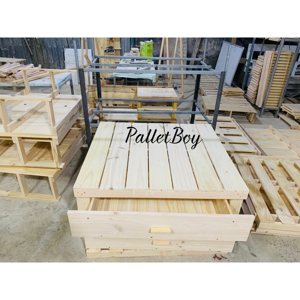 Giường Ngủ Pallet Gỗ Thông Có Hộc, Gỗ Thông Nhập Khẩu Mới 100%